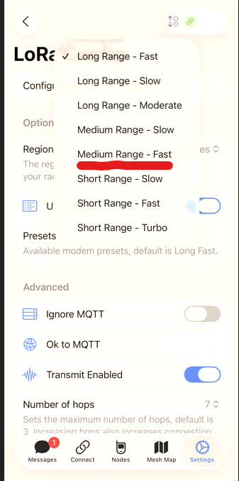 iOS: Change modem preset to MediumFast